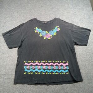 Vintage Jacques Moret Shirt Womens One Size Black Floral Graphic 100% Cotton 90s